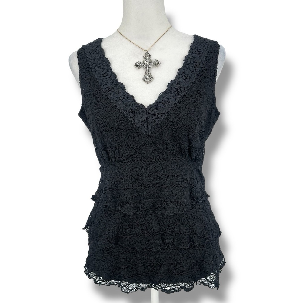 INC Black Lace V-Neck Empire‎ Waist Tiered Top S Whimsygoth Gothic Fairy Y2K